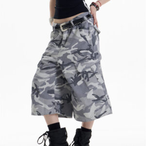 retro camouflage workwear cropped pants for women wide leg casual pants