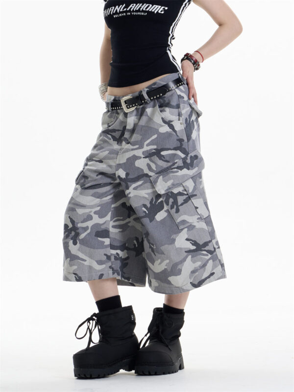 retro camouflage workwear cropped pants for women wide leg casual pants