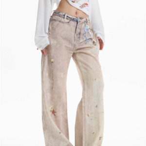 retro chain print worn jeans women's straight wide leg pants