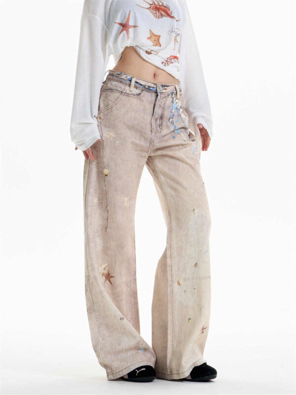 retro chain print worn jeans women's straight wide leg pants