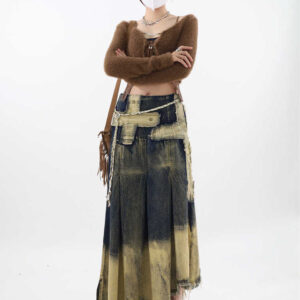 irregular patch distressed raw edge denim skirt