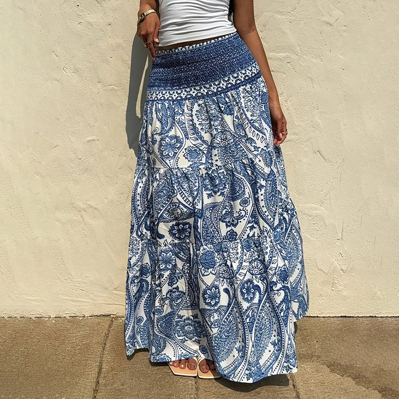 women's boho floral print maxi skirt elastic waist a line long skirt for spring&summer casual beach skirt women's boho floral print maxi skirt elastic waist a line long skirt for spring&summer casual beach skirt