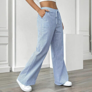 women's striped print straight wide leg pants drawstring waist slant pockets pants casual long pants