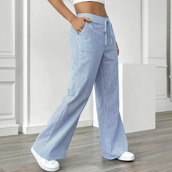 women's striped print straight wide leg pants drawstring waist slant pockets pants casual long pants