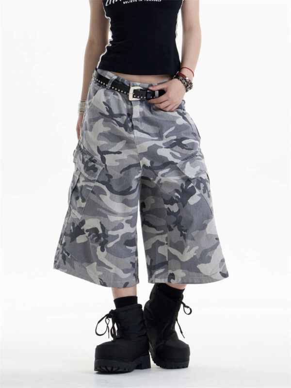 retro camouflage workwear cropped pants for women wide leg casual pants