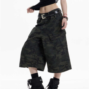 retro camouflage workwear cropped pants for women wide leg casual pants