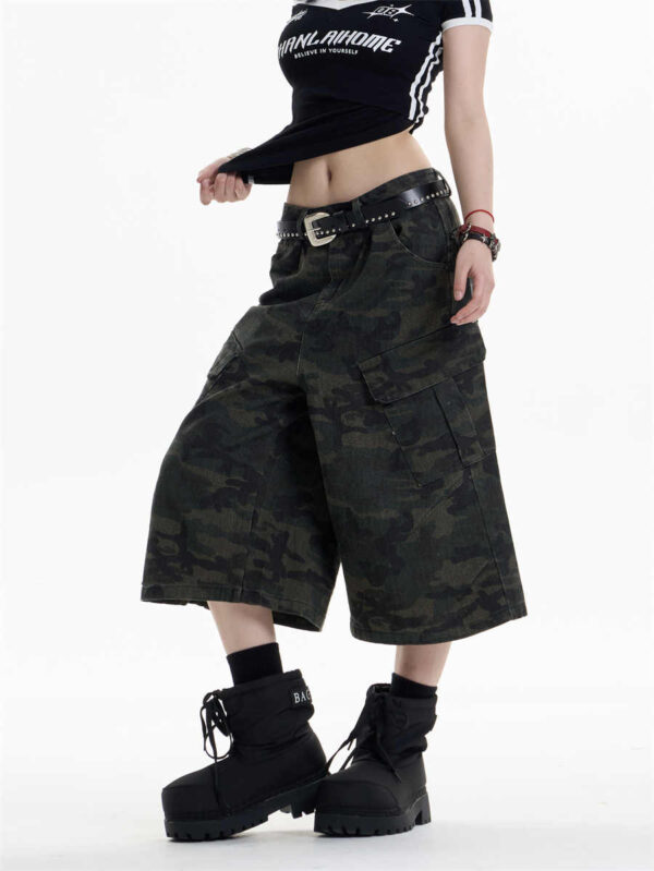 retro camouflage workwear cropped pants for women wide leg casual pants