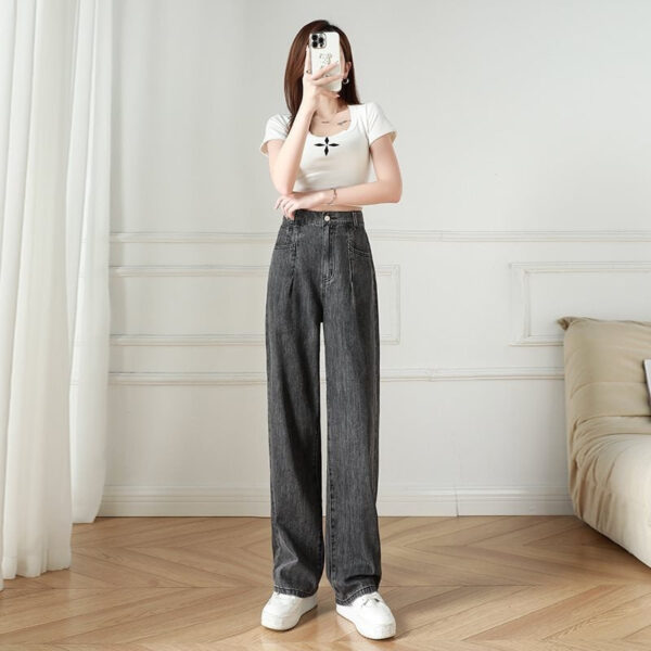 elastic waist straight jeans women's summer thin high wide leg pants