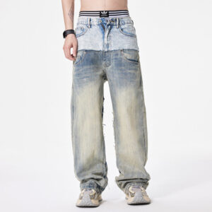 loose wide leg straight denim trousers for men