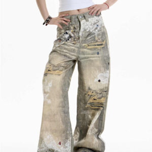 cross printed jeans women's wide leg pants
