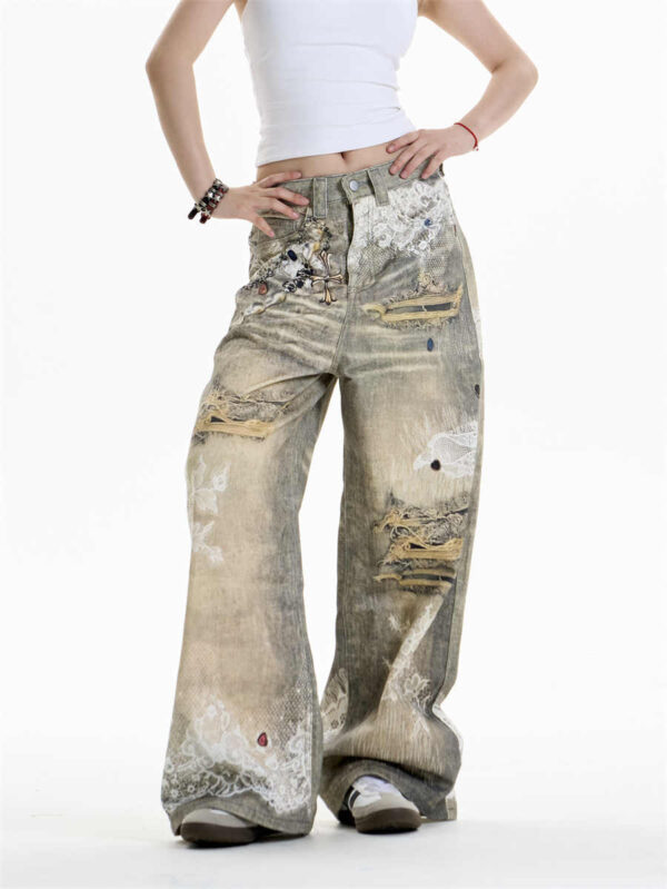 cross printed jeans women's wide leg pants