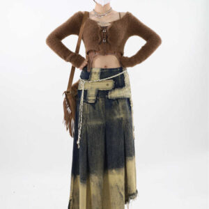 irregular patch distressed raw edge denim skirt