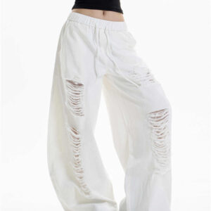 ripped casual pants women's loose straight wide leg pants