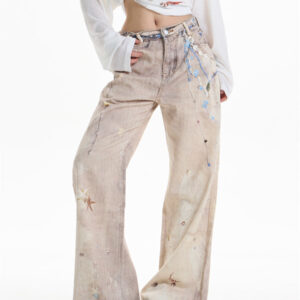 retro chain print worn jeans women's straight wide leg pants