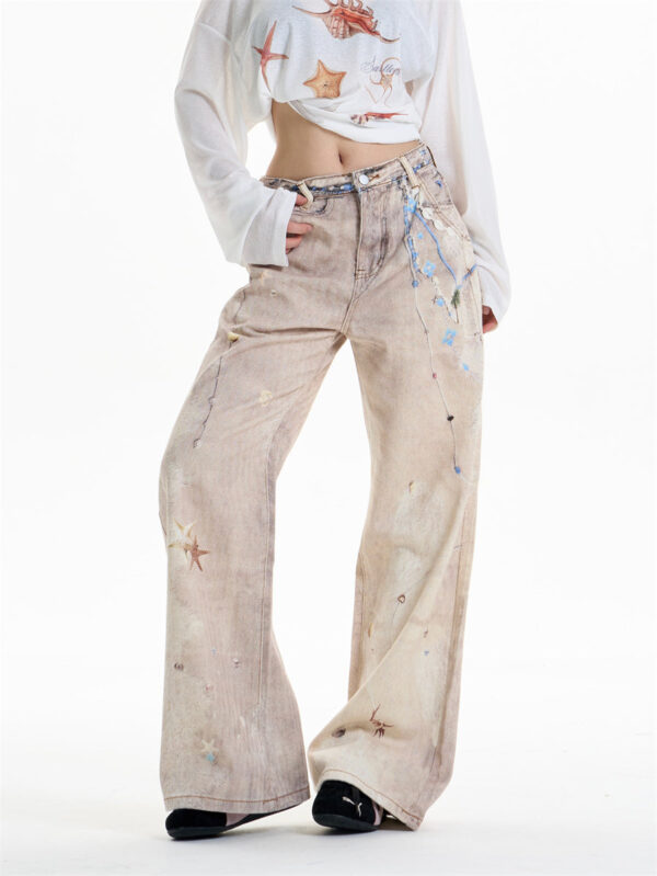 retro chain print worn jeans women's straight wide leg pants