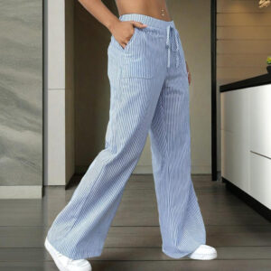 women's striped wide leg pants with pockets & tie waist detail casual minimalist trousers