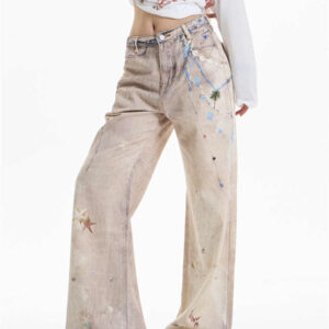 retro chain print worn jeans women's straight wide leg pants