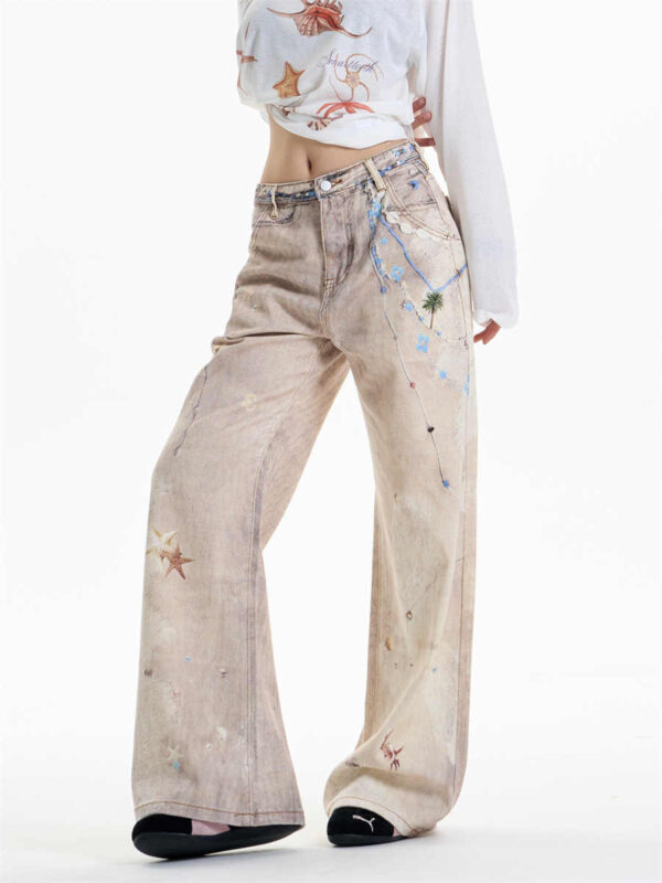 retro chain print worn jeans women's straight wide leg pants