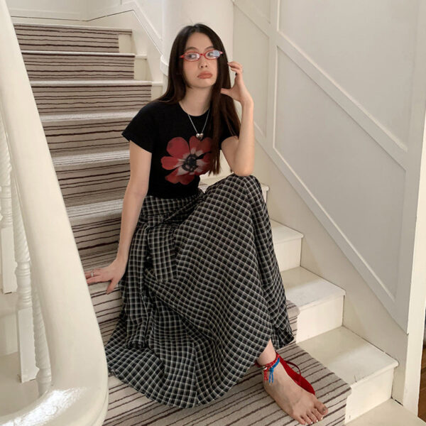 lace up plaid side loose zip skirt