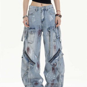 multi pocket workwear jeans women's loose wide leg pants