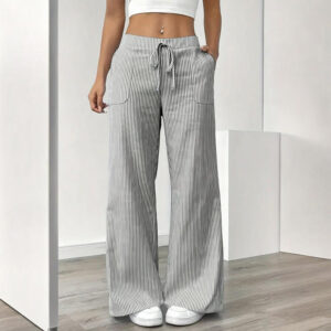 women's striped print straight wide leg pants drawstring waist slant pockets pants casual long pants