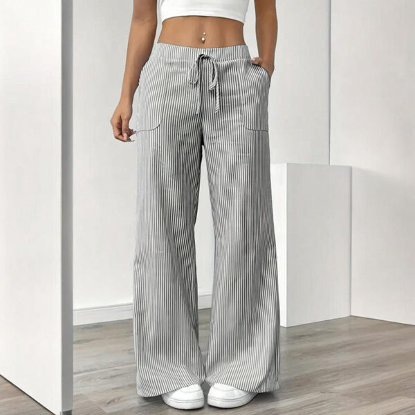women's striped print straight wide leg pants drawstring waist slant pockets pants casual long pants