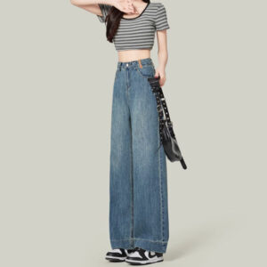 small loose slim retro blue high waist nine points straight jeans