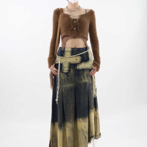 irregular patch distressed raw edge denim skirt