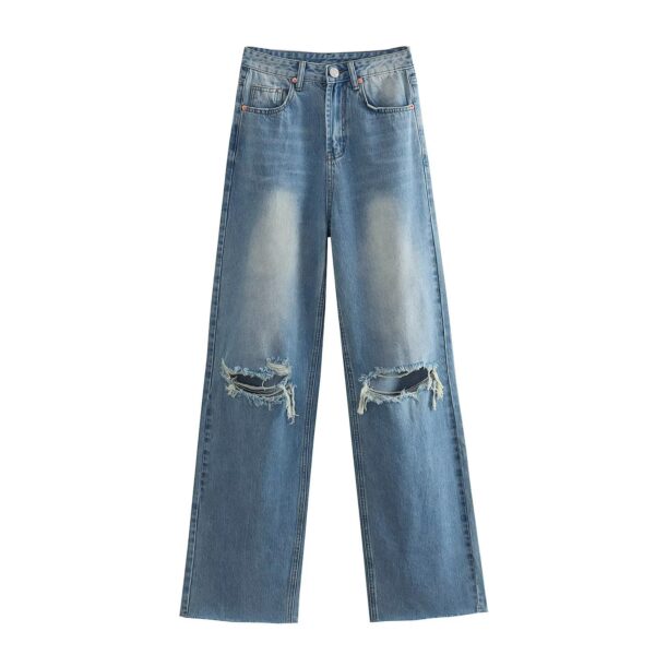 spring and summer women's perforated hole decoration high waist wide leg jeans