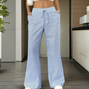 women's striped wide leg pants with pockets & tie waist detail casual minimalist trousers