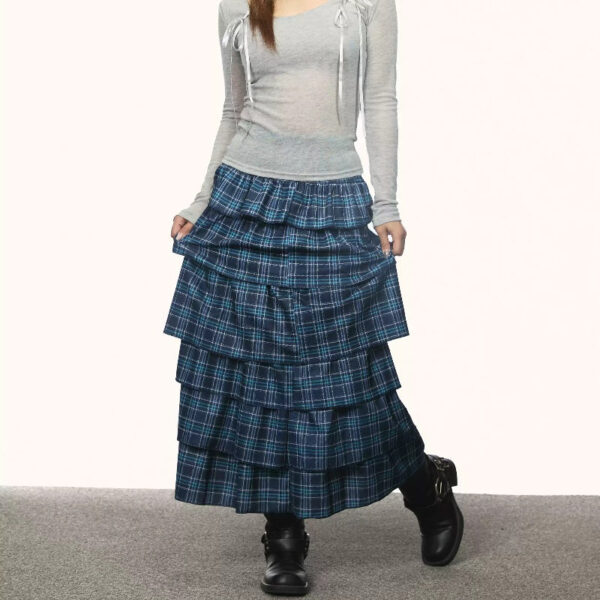 retro blue plaid cake dress women's summer