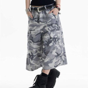 retro camouflage workwear cropped pants for women wide leg casual pants