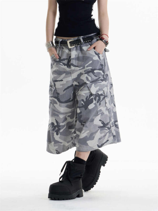 retro camouflage workwear cropped pants for women wide leg casual pants