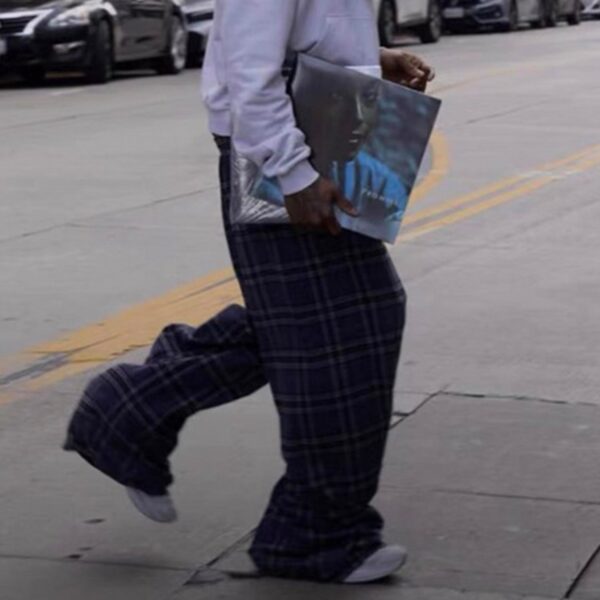 neutral straight plaid drawstring casual pants