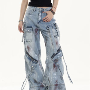 multi pocket workwear jeans women's loose wide leg pants