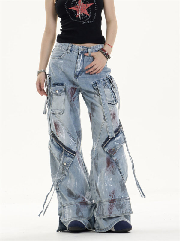 multi pocket workwear jeans women's loose wide leg pants