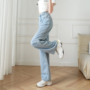 elastic waist straight jeans women's summer thin high wide leg pants