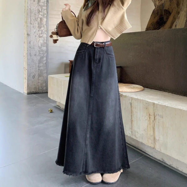 spring and autumn korean style high waist denim midi skirt women's retro washed frayed edges spring and autumn korean style high waist denim midi skirt women's retro washed frayed edges
