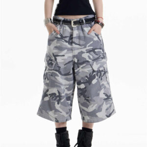 retro camouflage workwear cropped pants for women wide leg casual pants