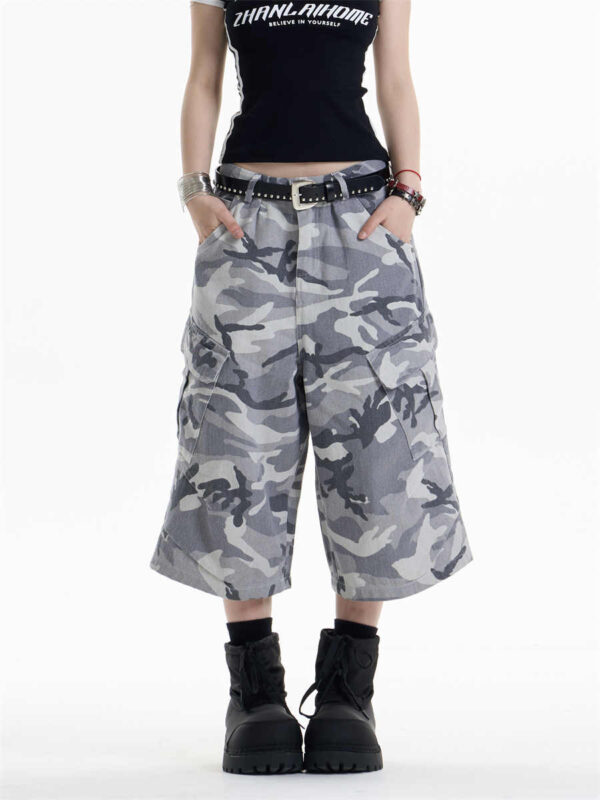 retro camouflage workwear cropped pants for women wide leg casual pants