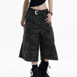 retro camouflage workwear cropped pants for women wide leg casual pants