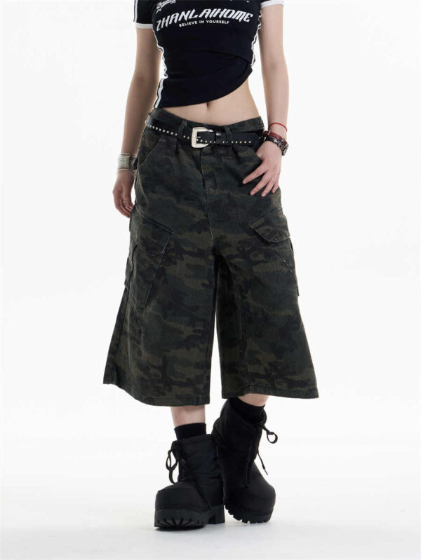retro camouflage workwear cropped pants for women wide leg casual pants