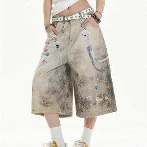 creative women's straight loose printed wide leg cropped jeans