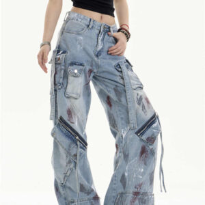 multi pocket workwear jeans women's loose wide leg pants