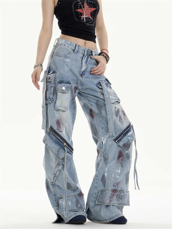 multi pocket workwear jeans women's loose wide leg pants