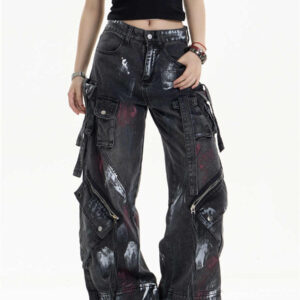 multi pocket workwear jeans women's loose wide leg pants