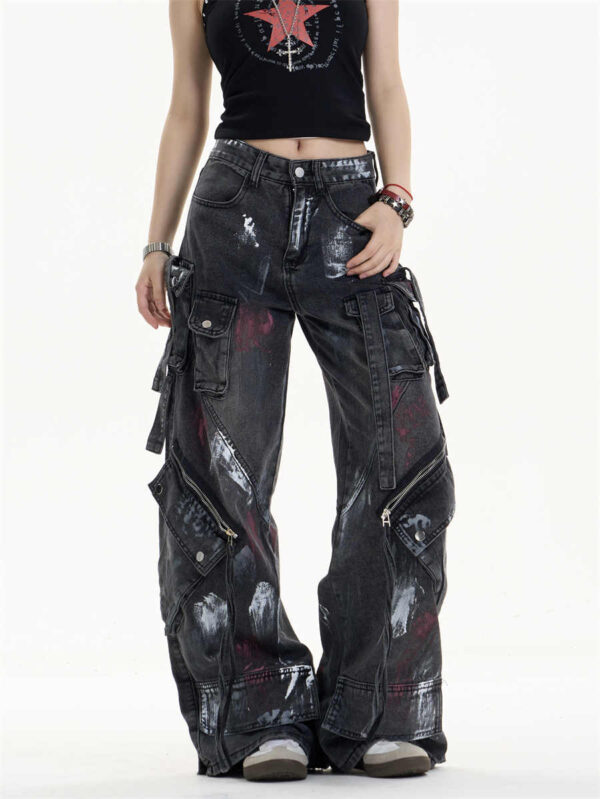 multi pocket workwear jeans women's loose wide leg pants