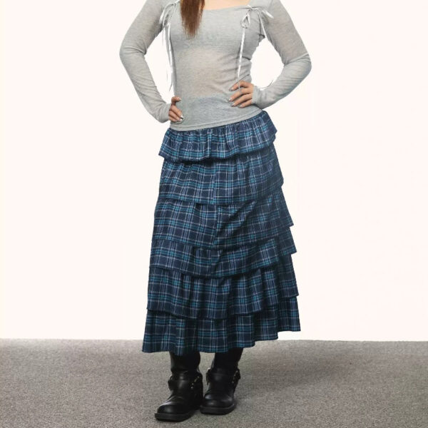 retro blue plaid cake dress women's summer