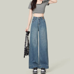 small loose slim retro blue high waist nine points straight jeans