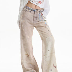 retro chain print worn jeans women's straight wide leg pants